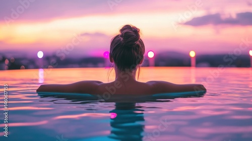 Sunset Serenity: A Woman Relaxes in an Infinity Pool Overlooking a Cityscape at Dusk