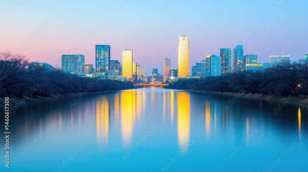 Obraz premium Scenic City Skyline Reflection at Dusk over Calm River Waters