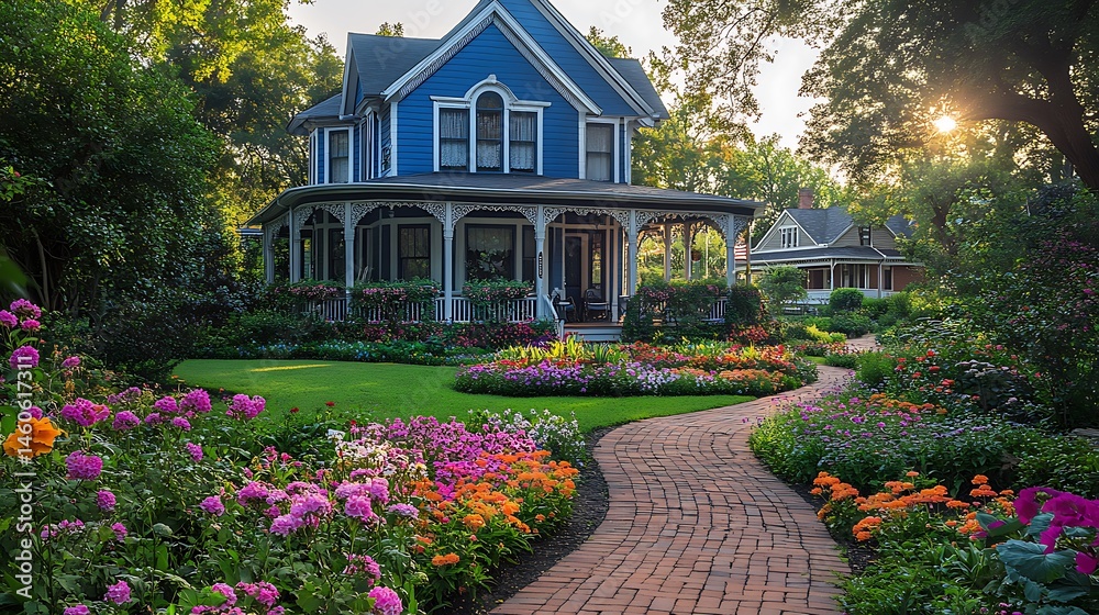 Obraz premium Beautiful blue Victorian home stands proudly behind its vibrant garden landscape and brick pathway