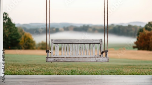 Rustic Wooden Swing with Scenic Background in Outdoor Setting