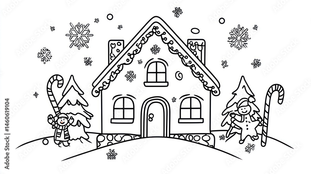 A winter scene with a cozy gingerbread house, snow, and playful characters A winter scene with a cozy gingerbread house, snow, and playful characters