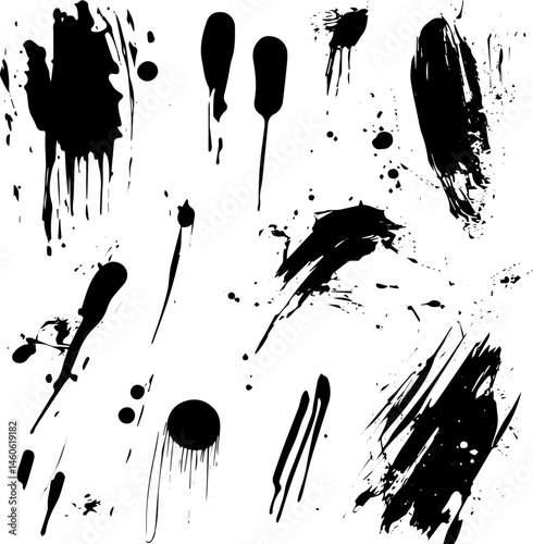 Grunge Ink Splatter and Drip Textures, Abstract Paint Stains and Splat Elements for Graphic Design