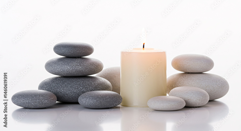 Fototapeta premium A serene spa scene featuring balanced stones and a softly lit candle on a white reflective surface