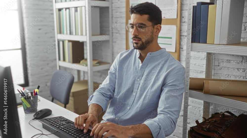 custom made wallpaper toronto digitalYoung man working intently on a computer in a modern office with shelves and books in the background.