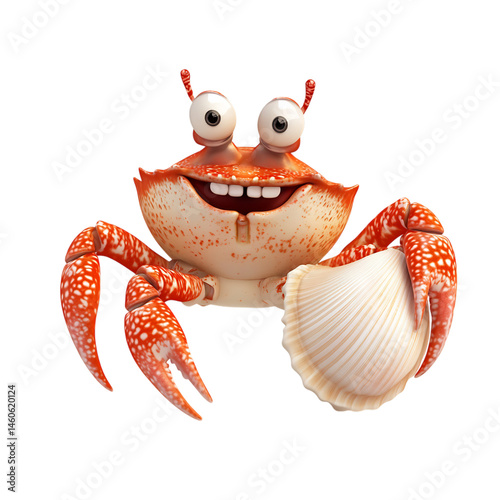 Cartoon Crab Holding Seashell Isolated on Transparent Background