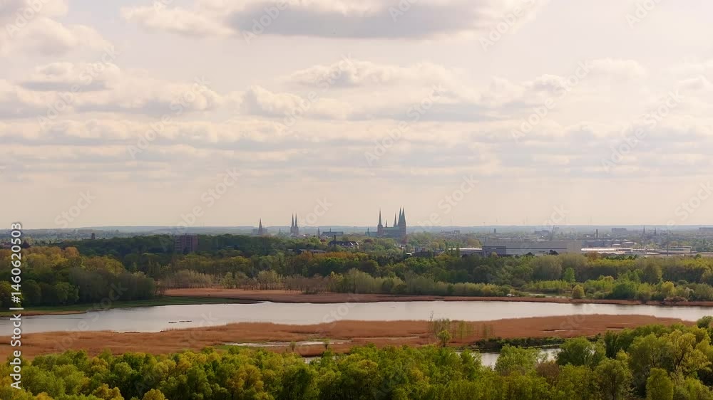 the historic germany city of luebeck and the trave river from far 4k 50fps video