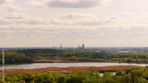 the historic germany city of luebeck and the trave river from far 4k 50fps video