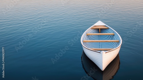Serene White Rowboat on Calm Water at Sunrise in Tranquil Setting