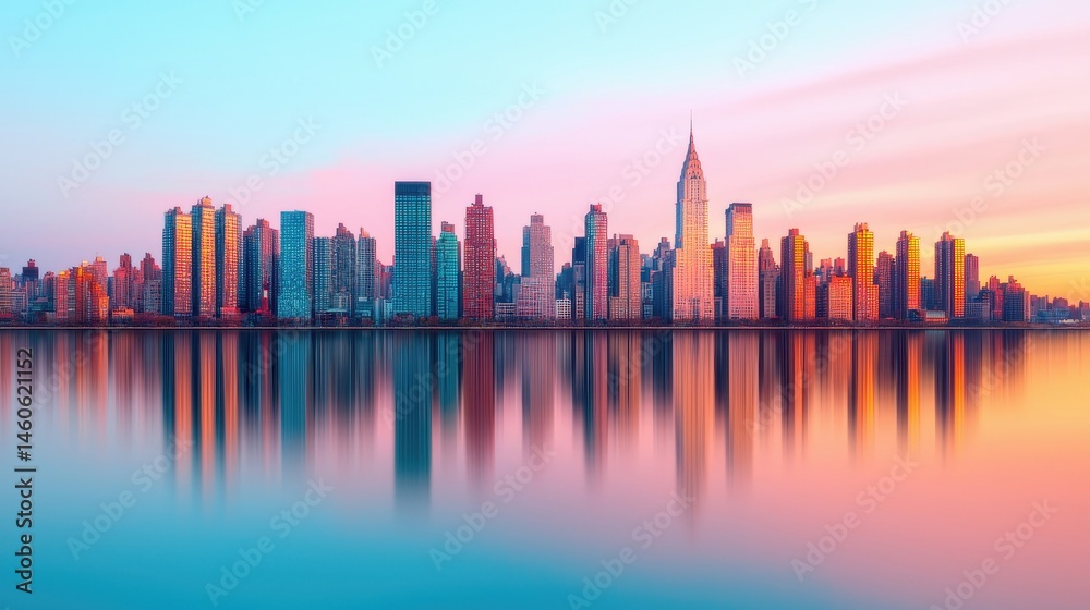 Fototapeta premium Vibrant City Skyline at Dusk with Reflections on Calm Water