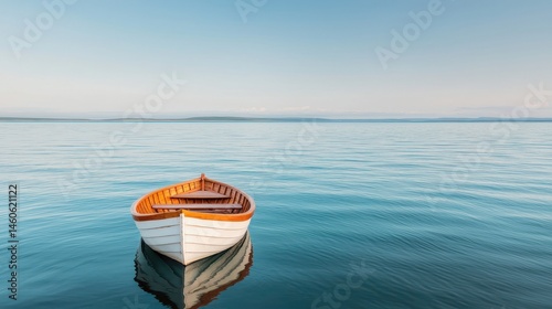 Serene White Boat Floating on Calm Blue Water Under Clear Sky