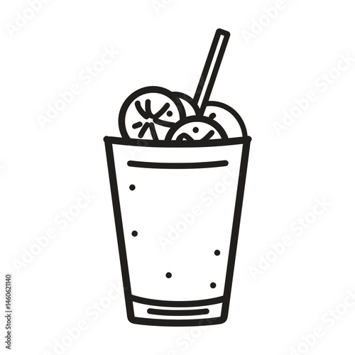 Line Art Tall Glass with Slices of Lemon and a Straw on Transparent Background