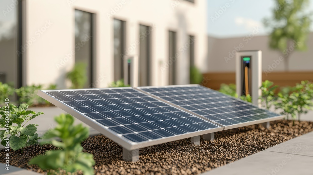 Fototapeta premium Solar Panels Installed in Modern Eco-friendly Residential Garden