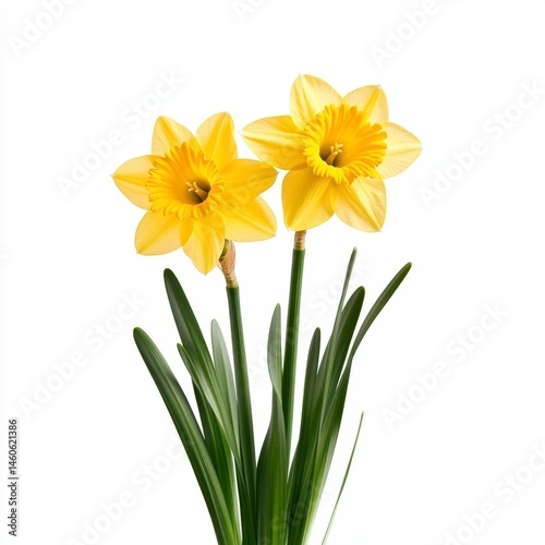 Two vibrant yellow daffodils with green leaves against a white background.  Close-up view of spring flowers
