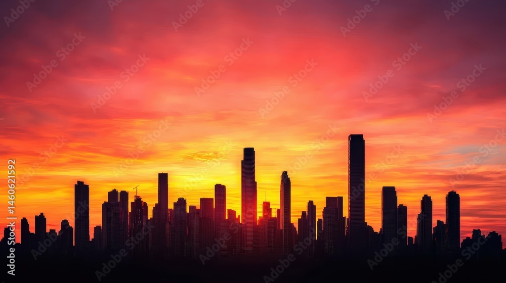 Fototapeta premium Stunning Silhouette of Urban Skyline Against Vibrant Sunset Sky
