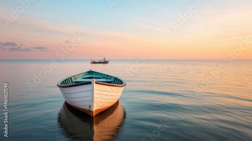 Serene Sunset Over Calm Waters with Boat Floating in Distance