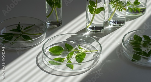 Sunlit Macro Photograph of Green Leaves and Stems in Clear Petri Dishes and Glass Vials Submerged in Shimmering Water Casting Rippling Light on a White Surface Using 50mm Lens