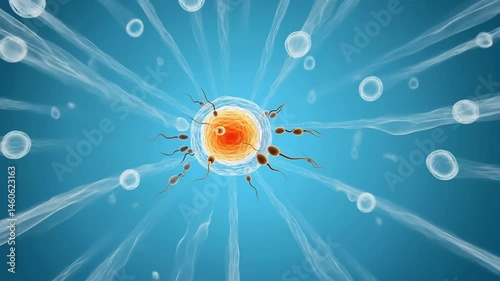 A scientific illustration depicting the moment of fertilization, as multiple sperm cells converge on a central ovum, symbolizing the beginning of life and the biological imperative of reproduction.