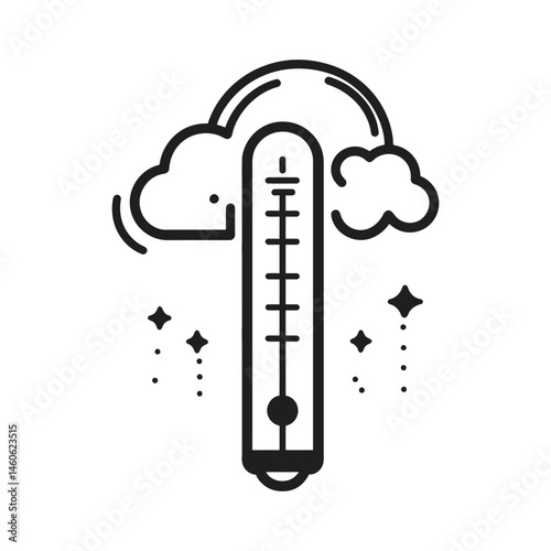Line Art Weather Thermometer with Clouds and Stars Icon in Transparent Background