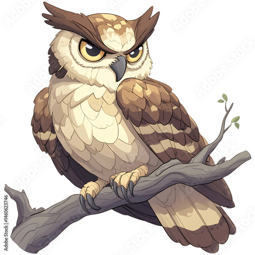 A Cartoon Owl Perched on a Branch Earthy Browns Isolated on Transparent Background