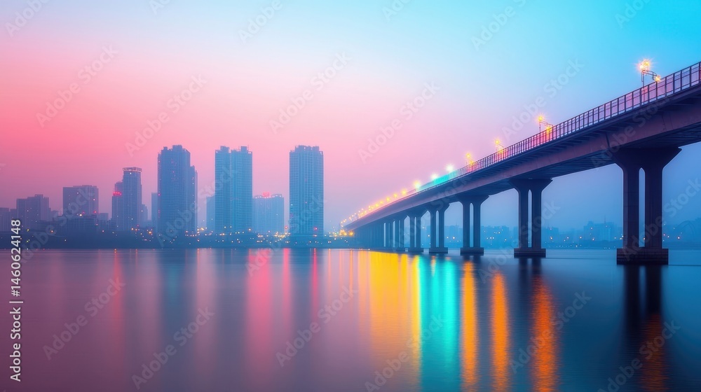 Naklejka premium Serene Cityscape at Dusk with Bridge Reflections and Urban Skyline
