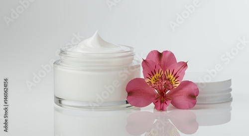 Swirling White Cream in Frosted Glass Jar Beside Vibrant Pink Alstroemeria Flower on Reflective White Surface in Soft Lighting Studio Shot