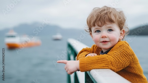 Happy Child Pointing at Boat on Ferry with Ocean Background