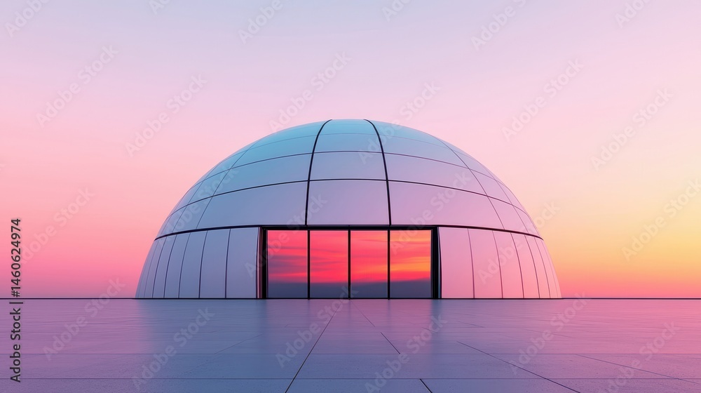Obraz premium Modern Geometric Dome Structure Against Vibrant Sunset Sky