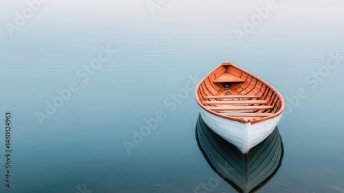 Serene Wooden Boat Floating on Calm Water at Dawn or Dusk