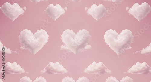 Repeating Heart Shaped White Clouds Drifting in Pastel Pink Sky Wide Angle Romantic Dreamy Valentine Theme