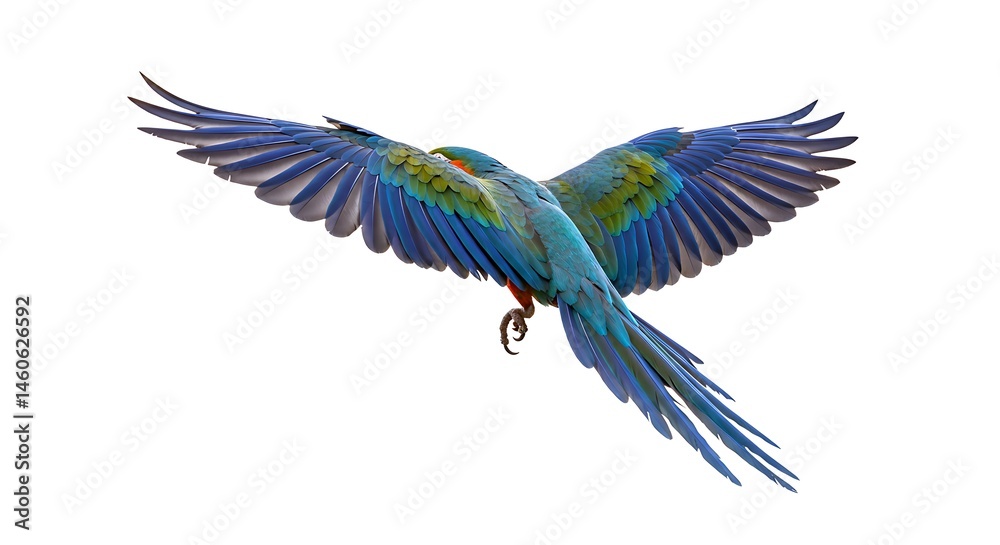 Fototapeta premium A macaw flying with outstretched wings, tropical feathers, white background