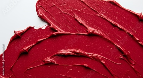 Macro Photograph of Shimmering Ruby Red Lipstick Smears Across a Pristine White Canvas Creating Textured Ridges with Glossy Texture Evoking Bold Luxurious Artistry