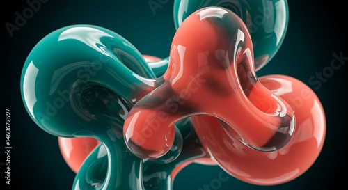 Dynamic Macro of Glossy Teal and Coral Liquid Polymers Intertwining With Fluid Movement Showcasing Mesmerizing Reflections Under Studio Lighting in High Resolution