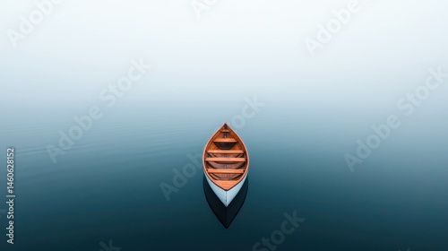 Tranquil Wooden Boat Floating on Calm Misty Water Surface