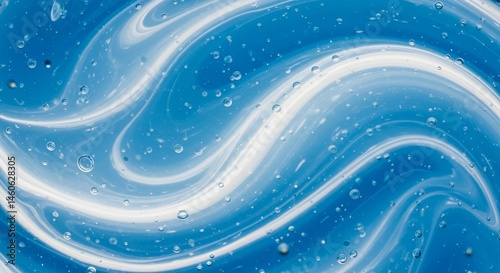 Macro Opalescent Gel with Blue and White Swirls Texture with Bubbles for Cosmetic Background