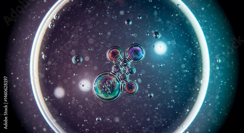 Iridescent Bubbles in Liquid Medium Macro Shot with Dark Background and Bright Lighting