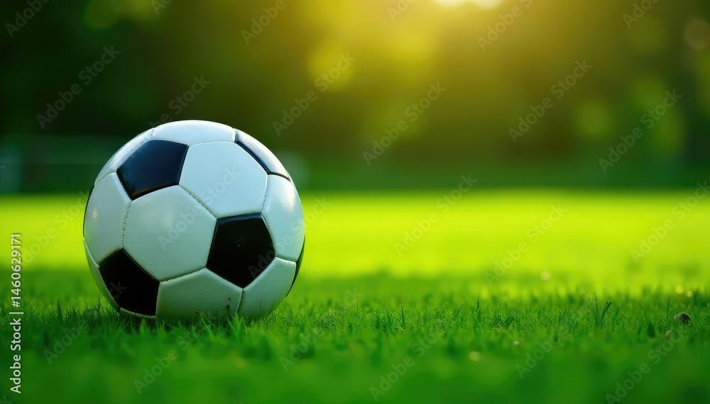 Fototapeta premium Soccer ball resting on a lush green soccer field, ready for kickoff , net, goal, perspective