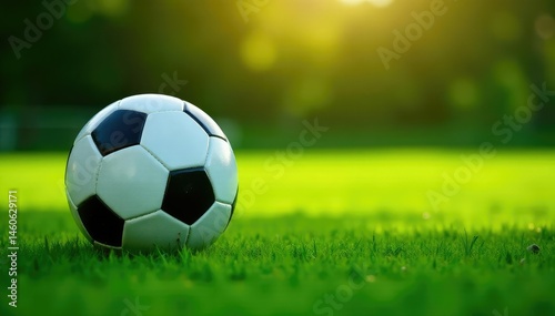 Soccer ball resting on a lush green soccer field, ready for kickoff , net, goal, perspective