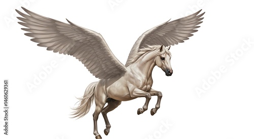 A pegasus (winged horse) flying, fantasy style, white background