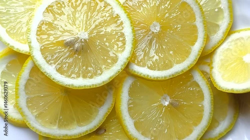 Top view of bright yellow sour lemon slices, Freshly sliced lemons arranged beautifully in sunlight