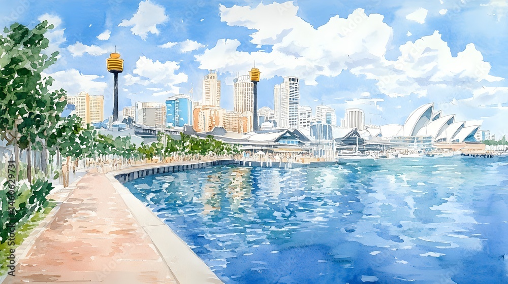 Naklejka premium Watercolor cityscape panorama of a waterfront promenade.