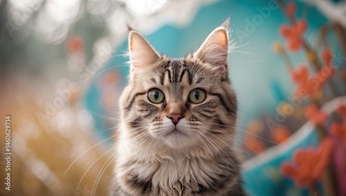 Majestic Long-Haired Tabby Cat Portrait with Intense Green Eyes