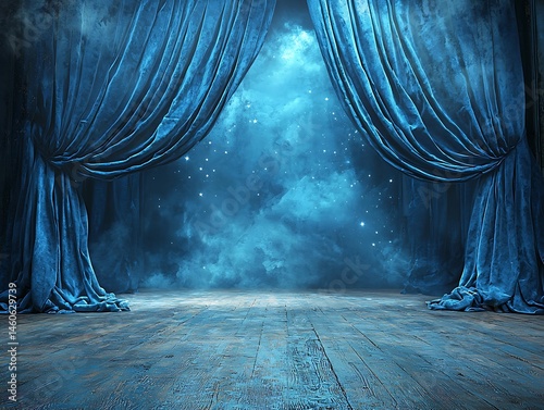 Blue velvet curtains reveal a starry night sky above a wooden stage