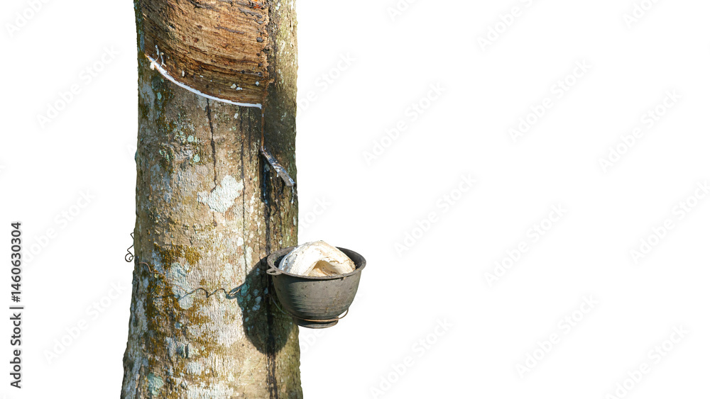 Rubber tree aftering tapped in plantation with latex flowing into a cup and beginning to harden, captured on clean white background for use in eco, organic, and industrial content themes