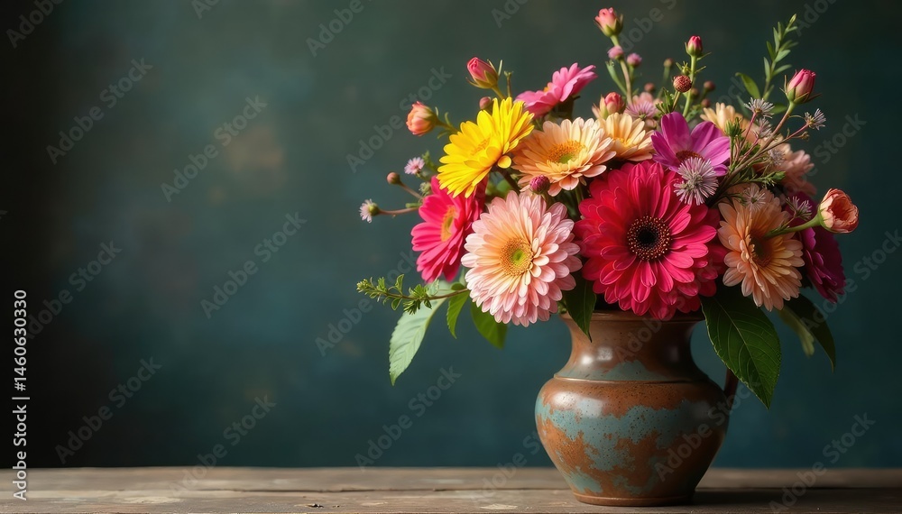 A bouquet of colorful flowers arranged in a rustic vase , rustic, mother's day, spring A bouquet of colorful flowers arranged in a rustic vase , rustic, mother's day, spring