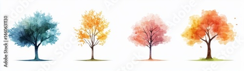 Four Seasons Trees in Watercolor Style