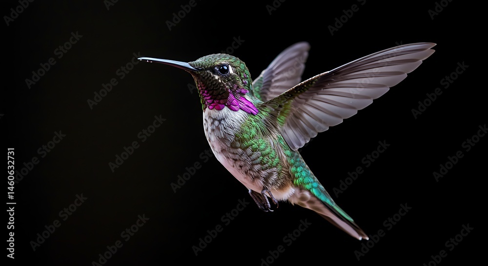 A colorful hummingbird in mid-flight, isolated on white A colorful hummingbird in mid-flight, isolated on white