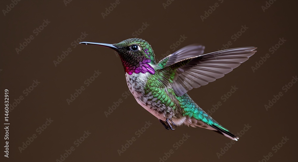 Fototapeta premium A colorful hummingbird in mid-flight, isolated on white