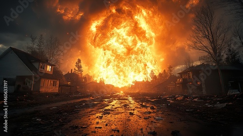 Movie still of cars driving away from an explosion on the street, in rainy weather, with dramatic lighting, in a cinematic style