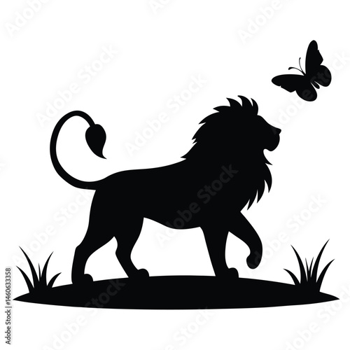 A Lion Chasing a Butterfly in the Grass Silhouette