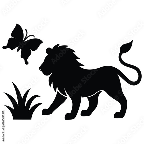 A Lion Chasing a Butterfly in the Grass Silhouette